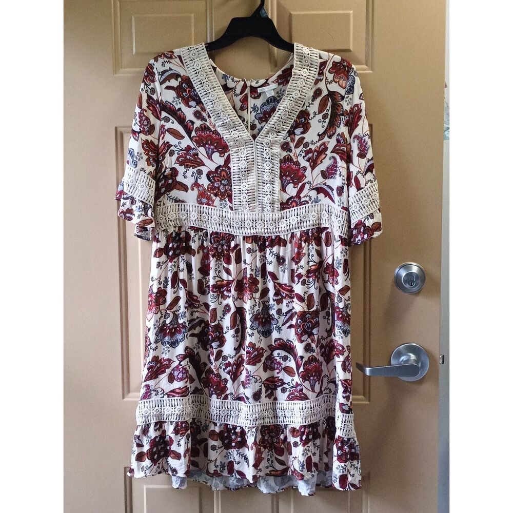 Cato Floral Boho Dress, Autumn Colors, Lace Trim, Ruffle Sleeve/Hem, Size 18-20W